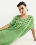 Rareism Women's Espantiago Green Cotton V-Neck Plain Extended Sleeves Knee Length Relaxed Fit Dress