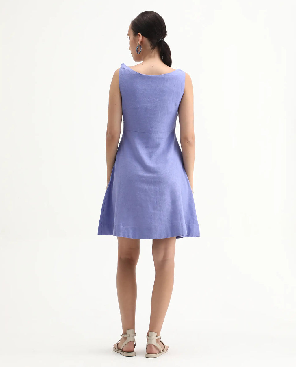 Rareism Women's Eswati Lilac Linen Cowl Neck Plain Sleeveless Knee Length Flared Dress
