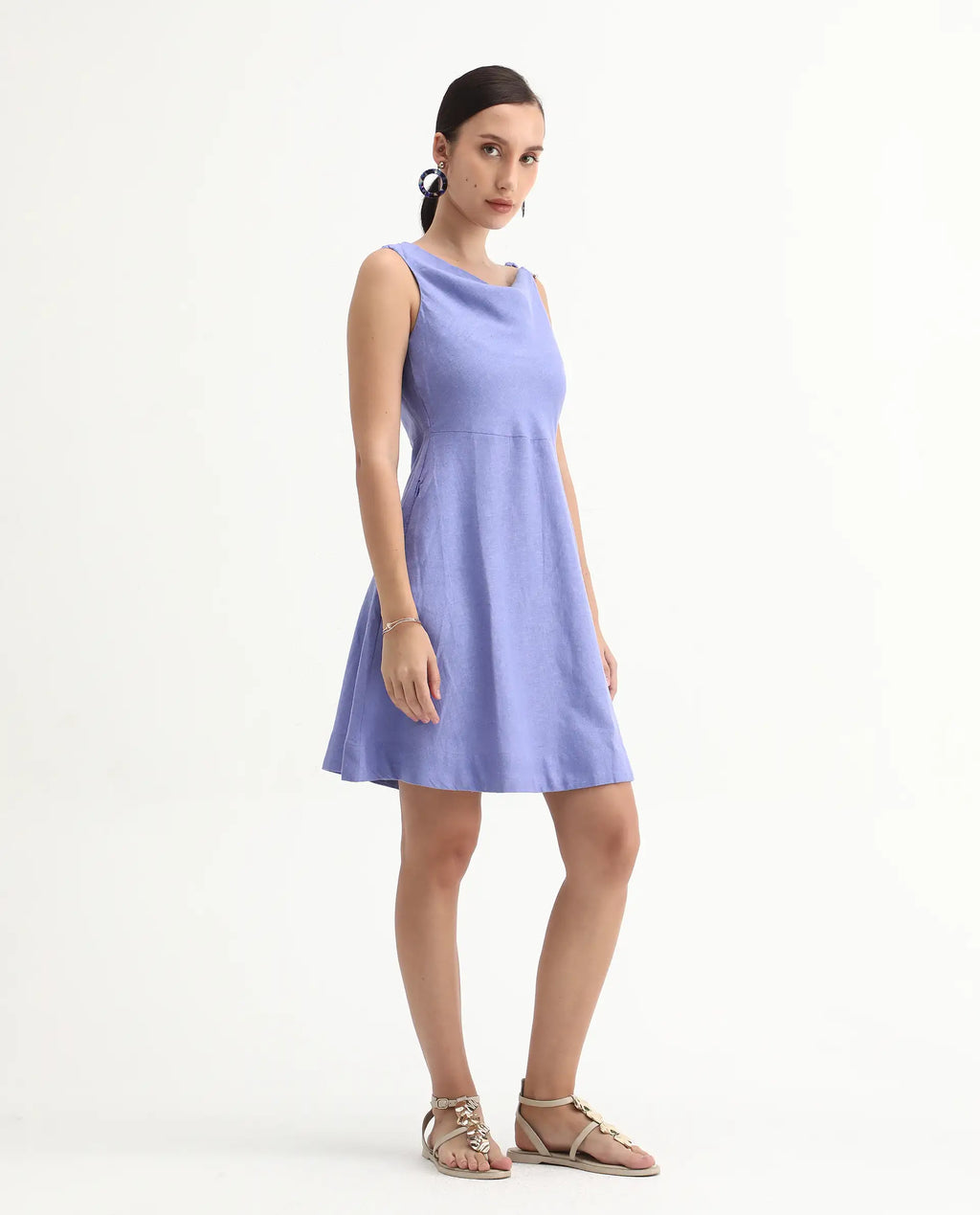 Rareism Women's Eswati Lilac Linen Cowl Neck Plain Sleeveless Knee Length Flared Dress