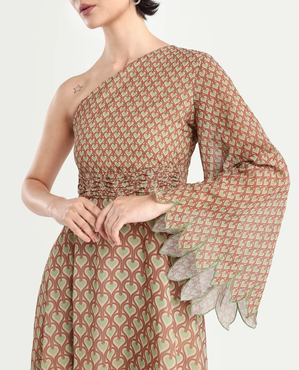 Rareism Women's Ethiopig Multi Polyester One Shoulder Geometric Print Asymmetric Sleeve Knee Length Asymmetric Dress