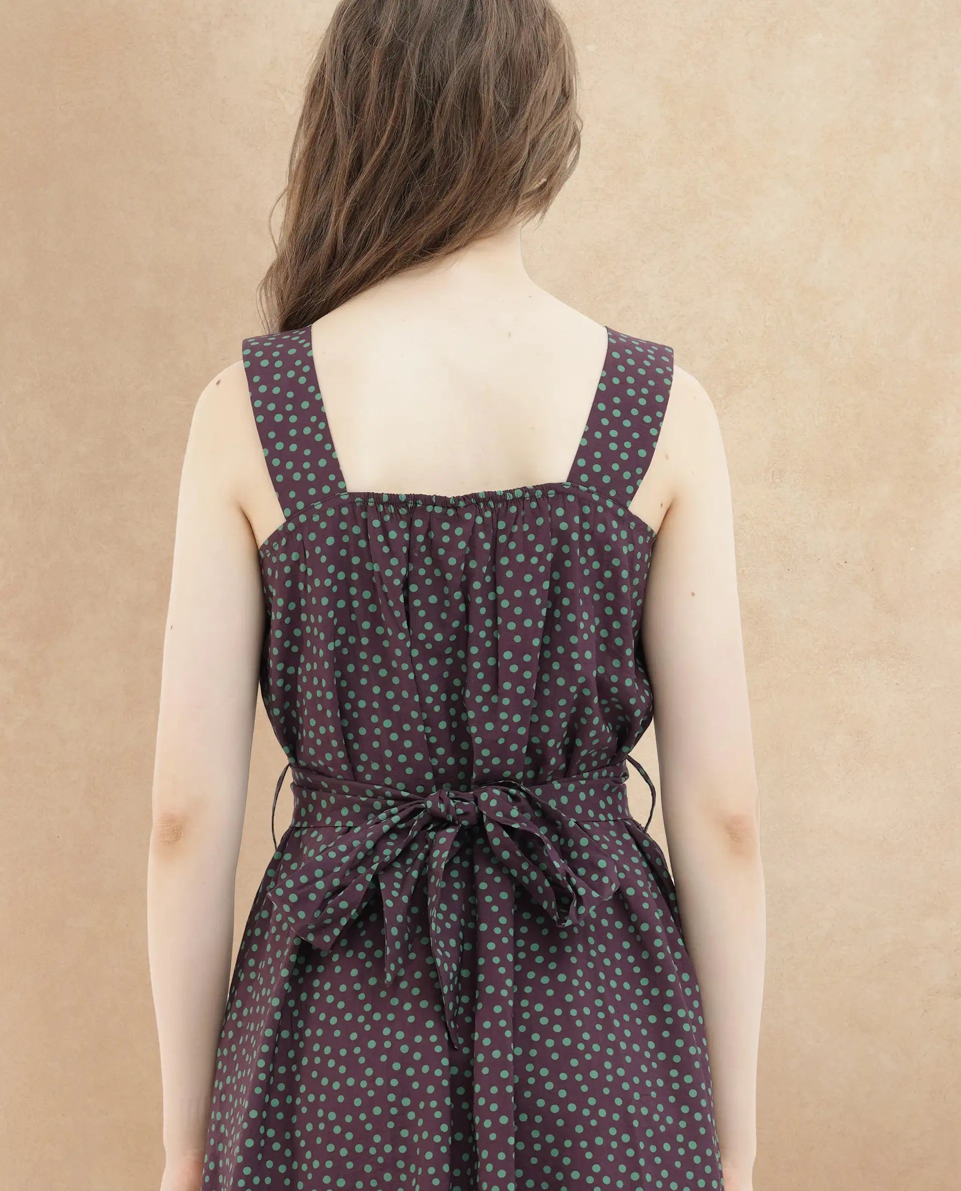 Rareism Women's Eula Brown Viscose Shoulder Strap Polka Print Shoulder Strap Midi Flared Dress
