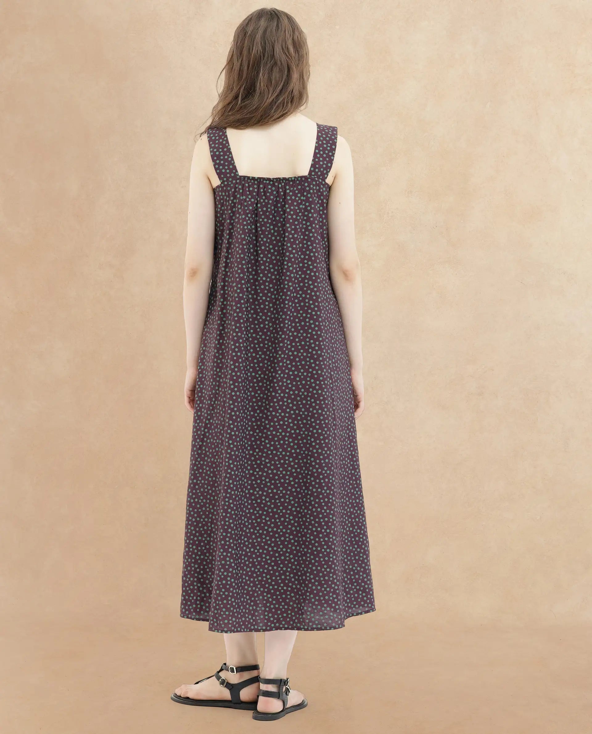 Rareism Women's Eula Brown Viscose Shoulder Strap Polka Print Shoulder Strap Midi Flared Dress
