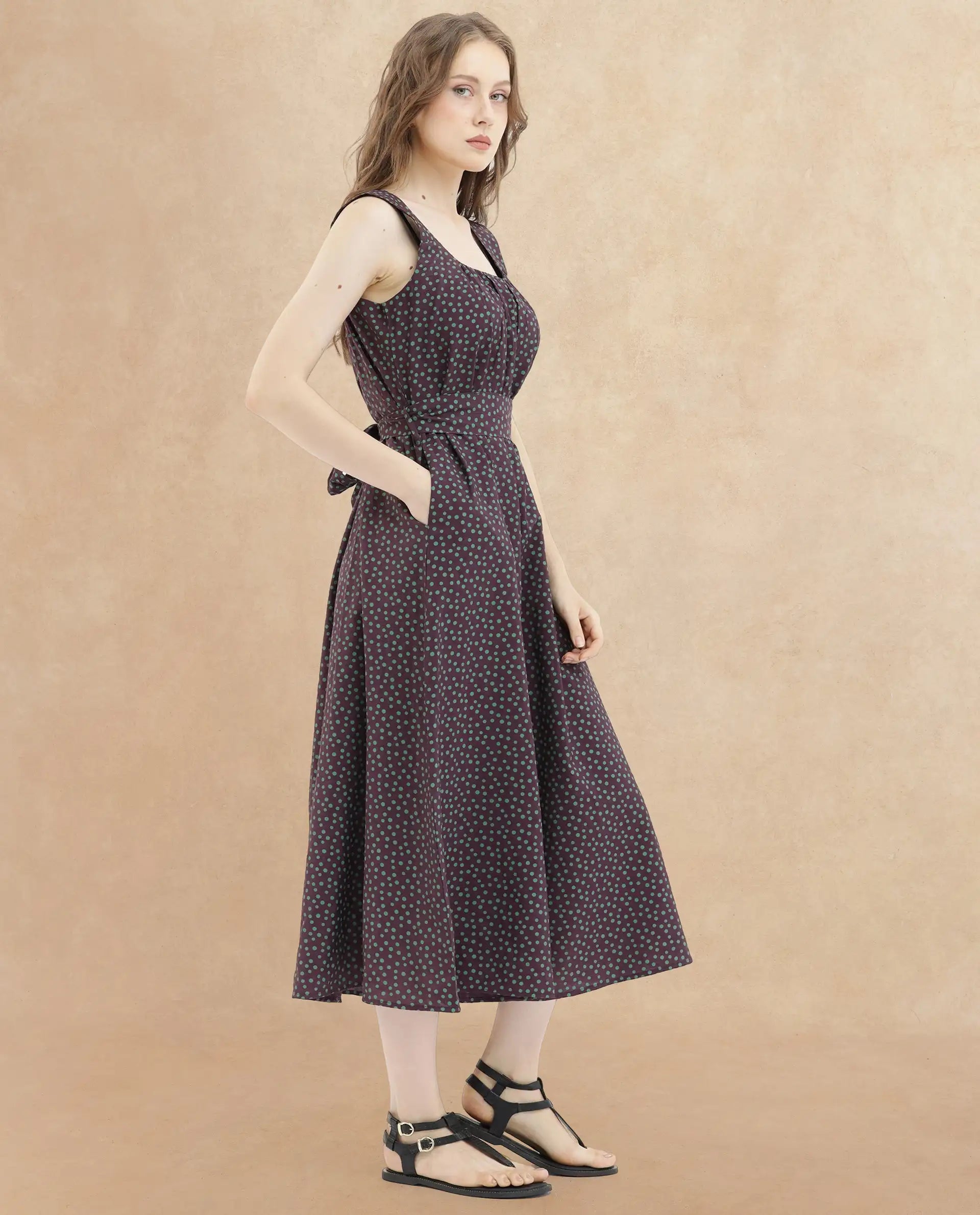 Rareism Women's Eula Brown Viscose Shoulder Strap Polka Print Shoulder Strap Midi Flared Dress