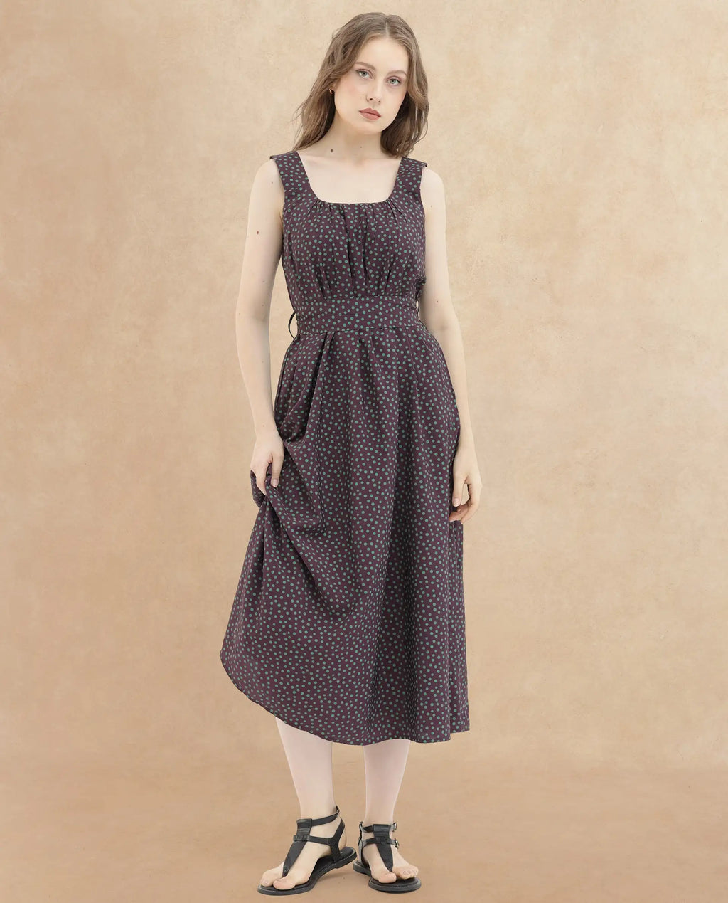 Rareism Women's Eula Brown Viscose Shoulder Strap Polka Print Shoulder Strap Midi Flared Dress