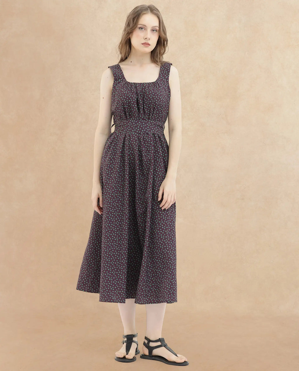 Rareism Women's Eula Brown Viscose Shoulder Strap Polka Print Shoulder Strap Midi Flared Dress