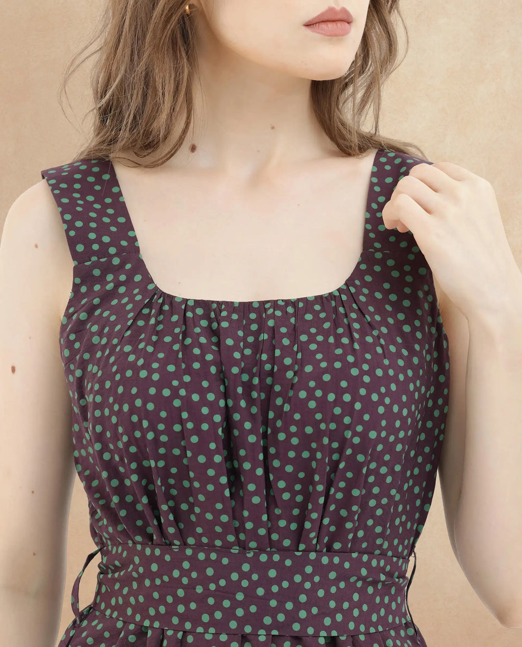 Rareism Women's Eula Brown Viscose Shoulder Strap Polka Print Shoulder Strap Midi Flared Dress