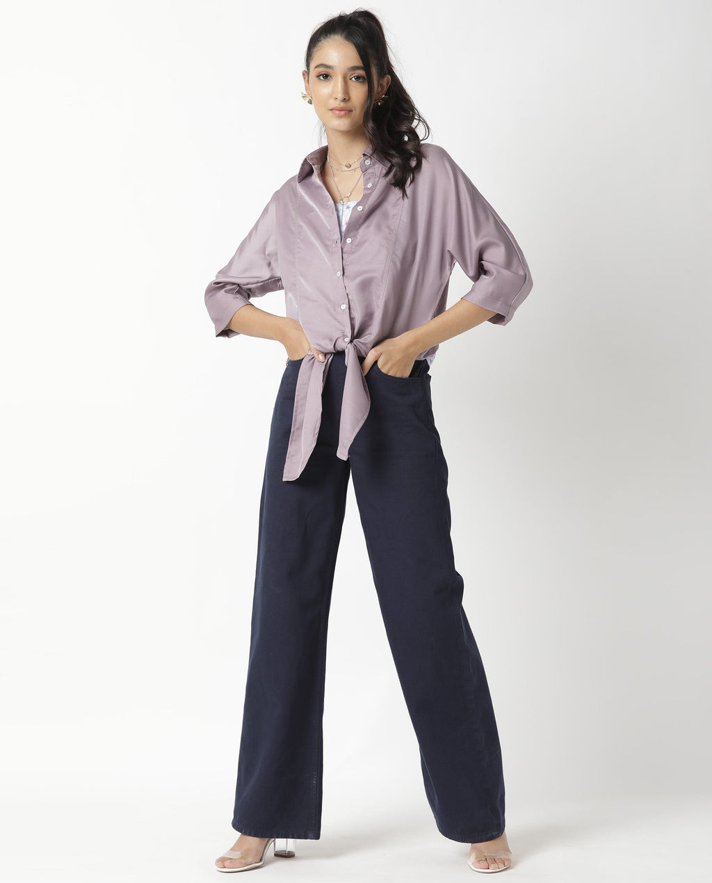 Rareism Women's Euro Purple Polyester Spread Collar Plain Tailored Top
