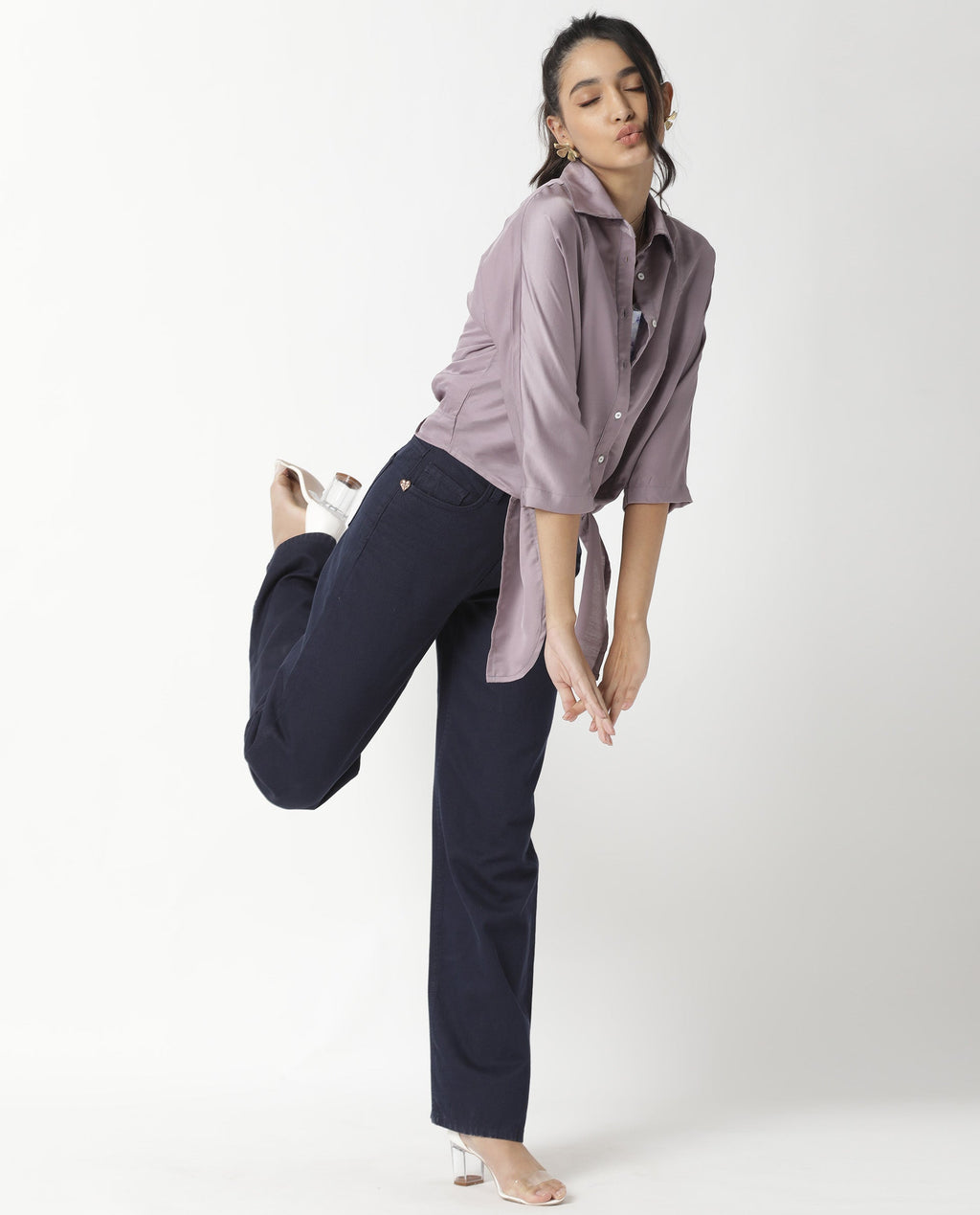 Rareism Women's Euro Purple Polyester Spread Collar Plain Tailored Top