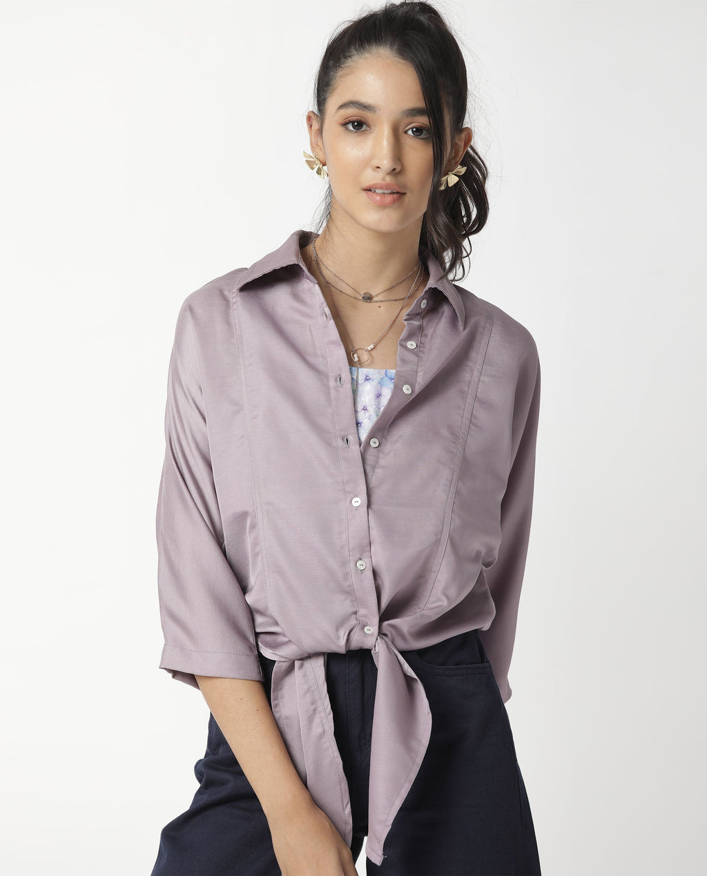 Rareism Women's Euro Purple Polyester Spread Collar Plain Tailored Top