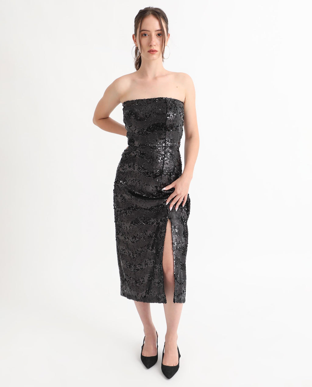 Rareism Women's Eve Sheen Black Polyester Collarless Sequined Sleeveless Maxi Regular Fit Dress