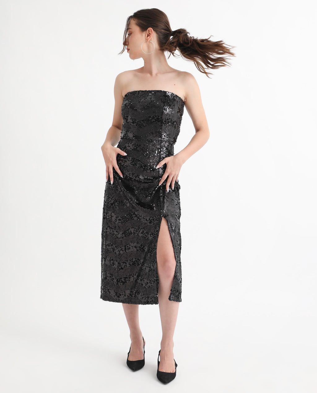 Rareism Women's Eve Sheen Black Polyester Collarless Sequined Sleeveless Maxi Regular Fit Dress