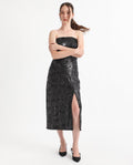 Rareism Women's Eve Sheen Black Polyester Collarless Sequined Sleeveless Maxi Regular Fit Dress