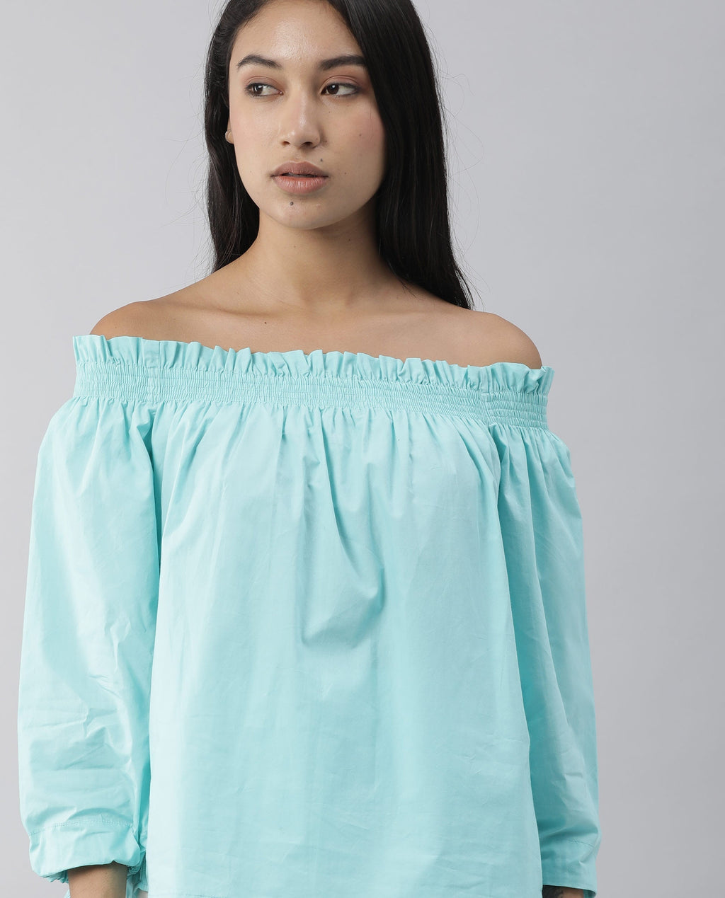 Rareism Womens Evenin Green Top Cotton Fabric Loose Fit Cold Shoulder Sleeve