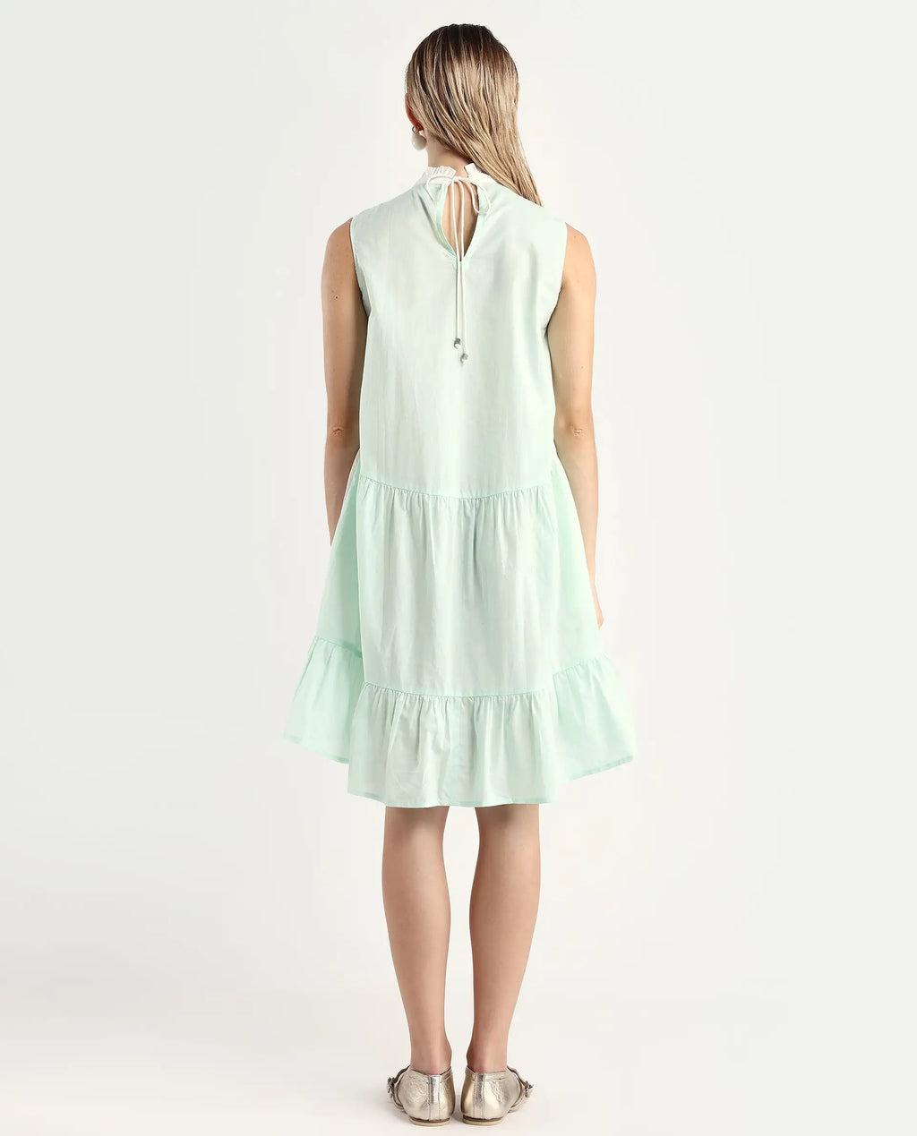 Rareism Women's Exam Green Cotton Sweetheart Neck Color Block Sleeveless Knee Length Regular Fit Dress