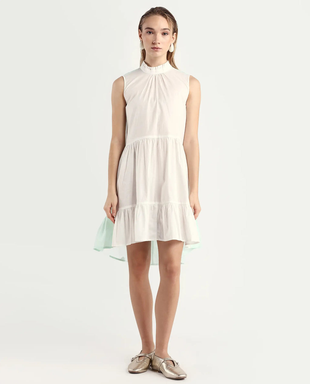 Rareism Women's Exam Green Cotton Sweetheart Neck Color Block Sleeveless Knee Length Regular Fit Dress