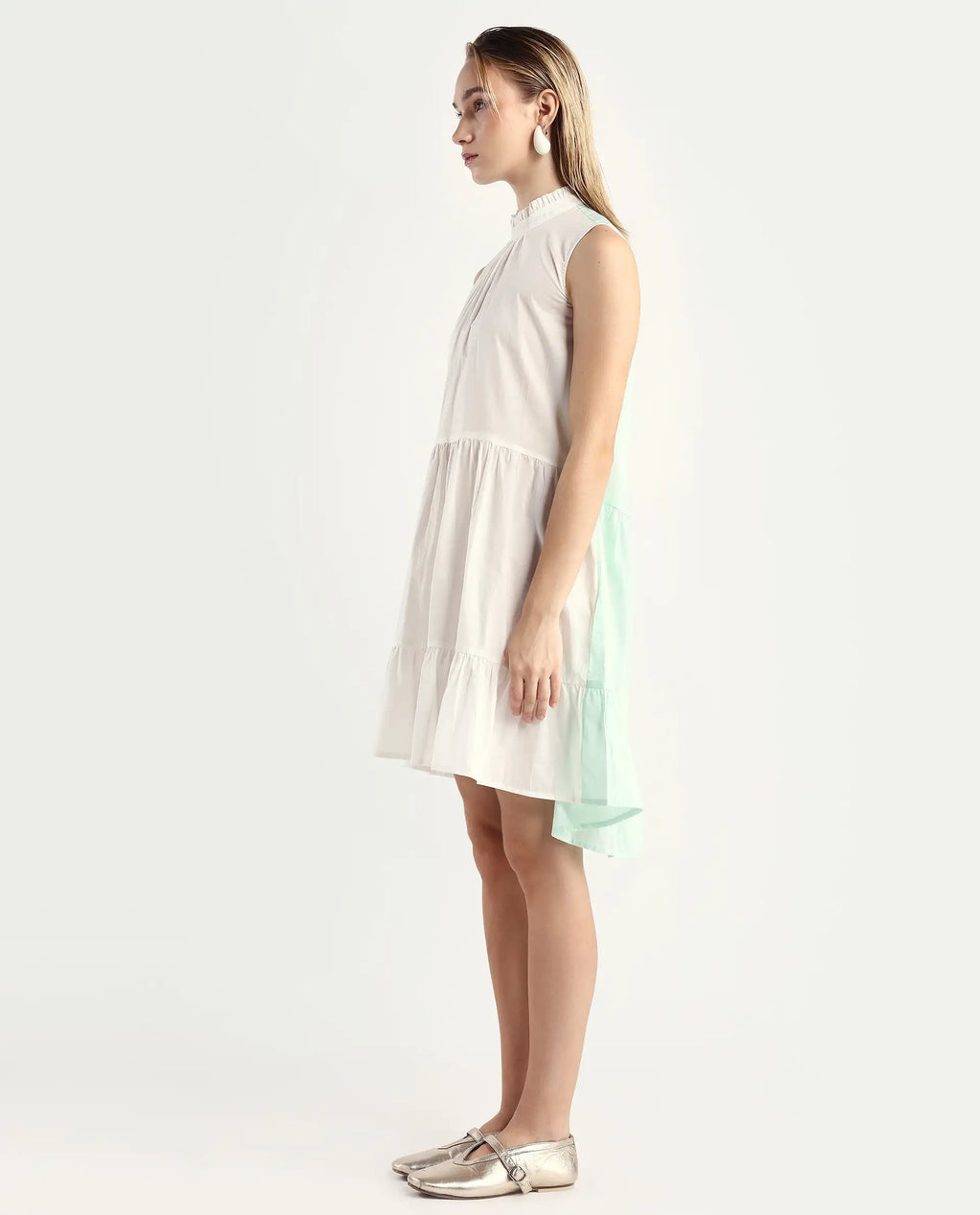 Rareism Women's Exam Green Cotton Sweetheart Neck Color Block Sleeveless Knee Length Regular Fit Dress