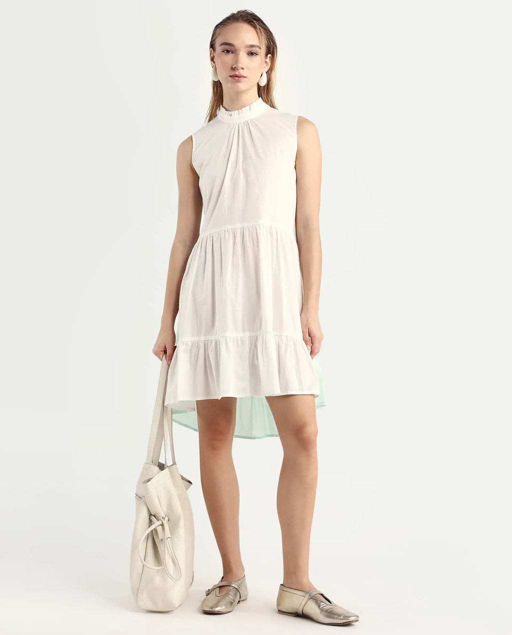 Rareism Women's Exam Green Cotton Sweetheart Neck Color Block Sleeveless Knee Length Regular Fit Dress