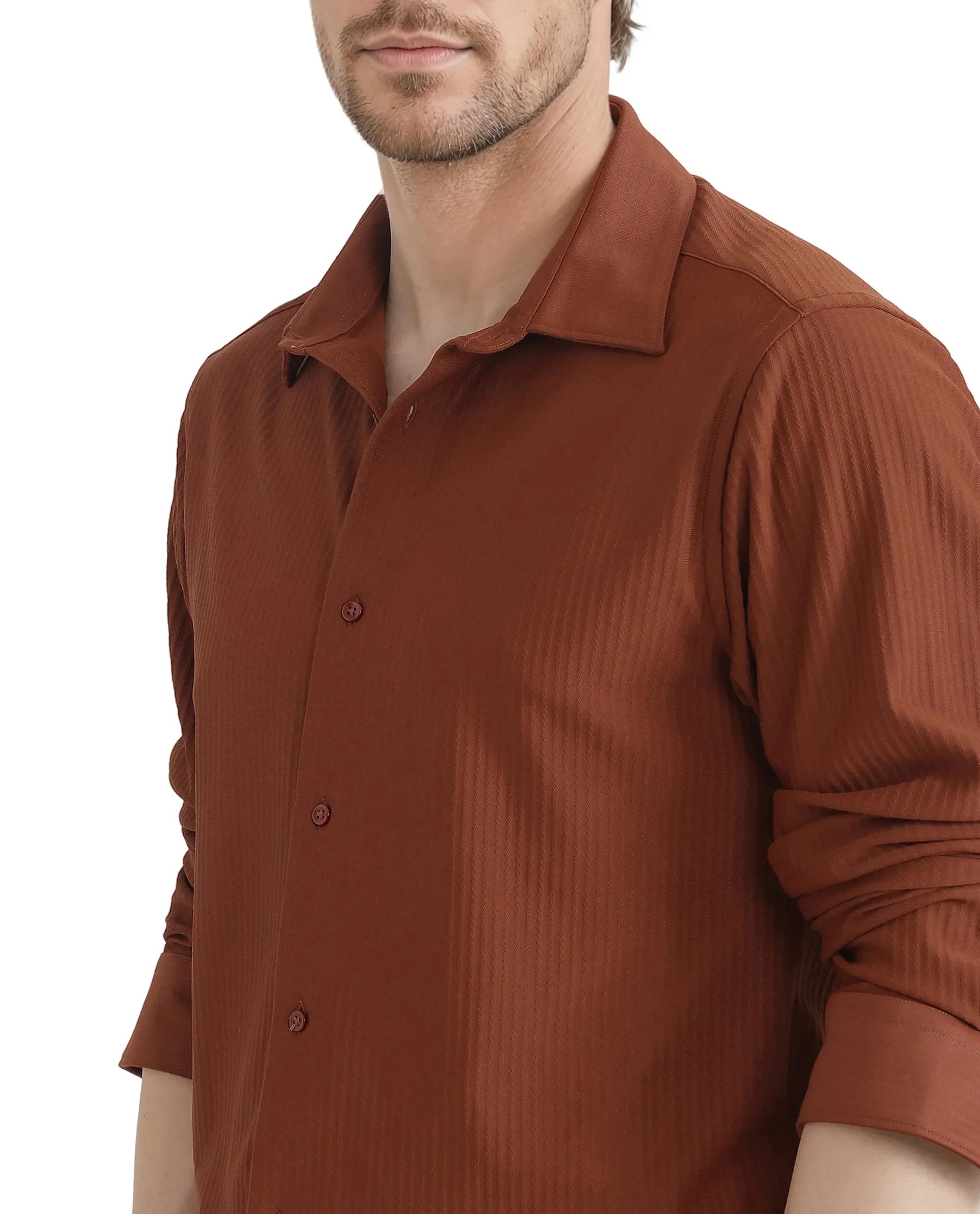 Rare Rabbit Men's Exclo Rust Polyester Jacquard Regular Fit Full Sleeve Collared Shirt