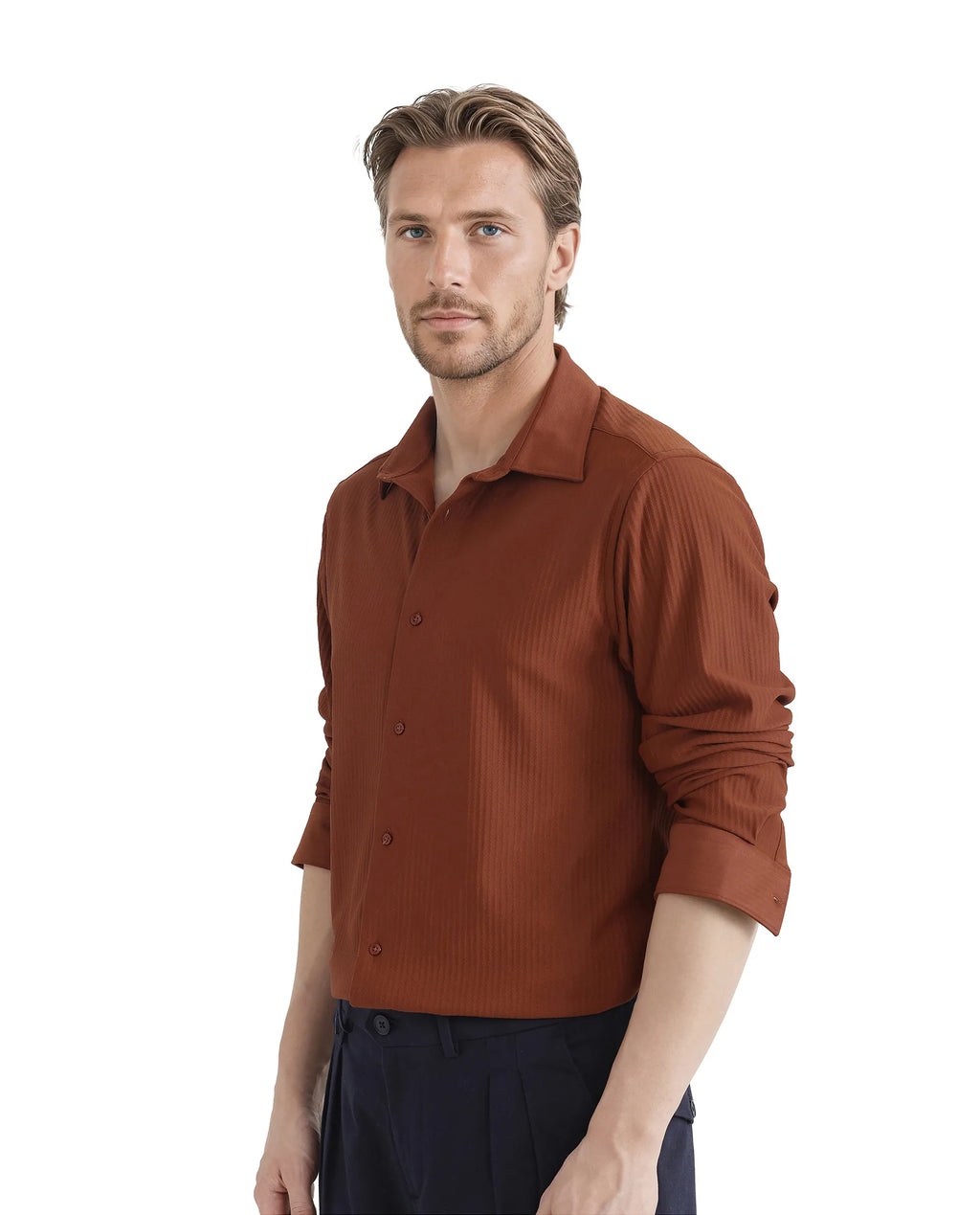 Rare Rabbit Men's Exclo Rust Polyester Jacquard Regular Fit Full Sleeve Collared Shirt