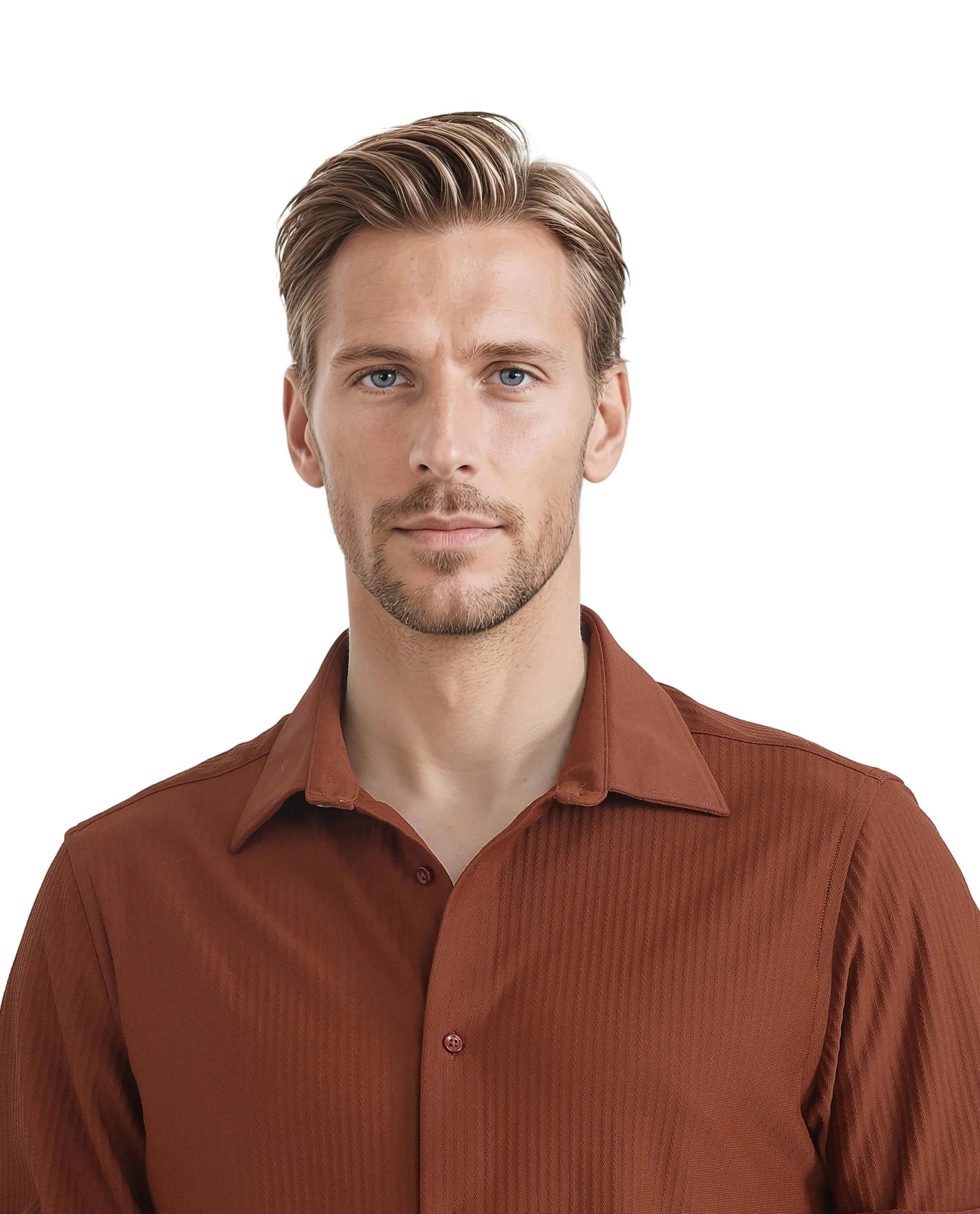 Rare Rabbit Men's Exclo Rust Polyester Jacquard Regular Fit Full Sleeve Collared Shirt