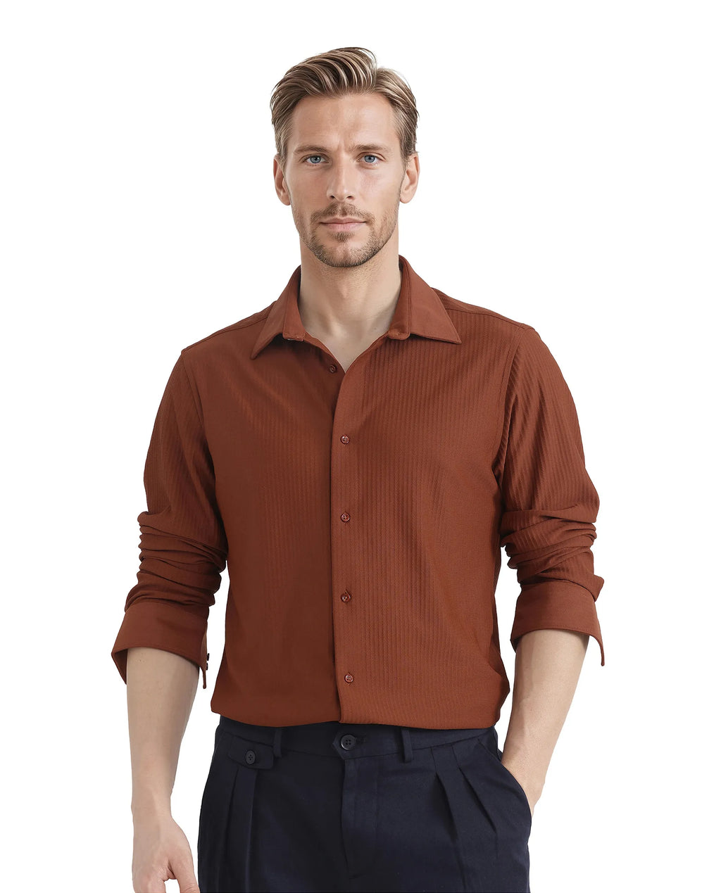 Rare Rabbit Men's Exclo Rust Polyester Jacquard Regular Fit Full Sleeve Collared Shirt