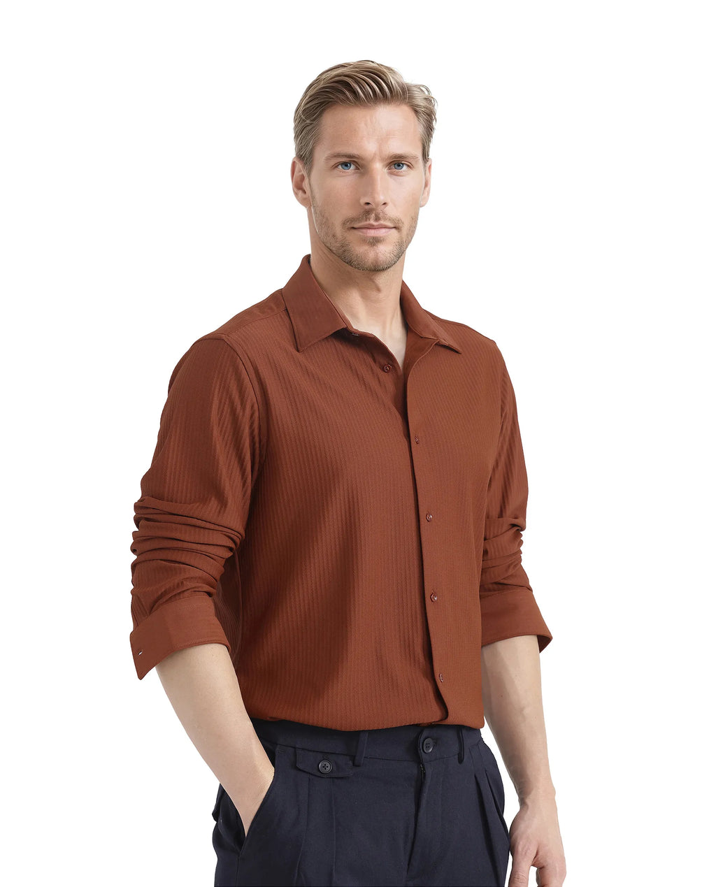 Rare Rabbit Men's Exclo Rust Polyester Jacquard Regular Fit Full Sleeve Collared Shirt