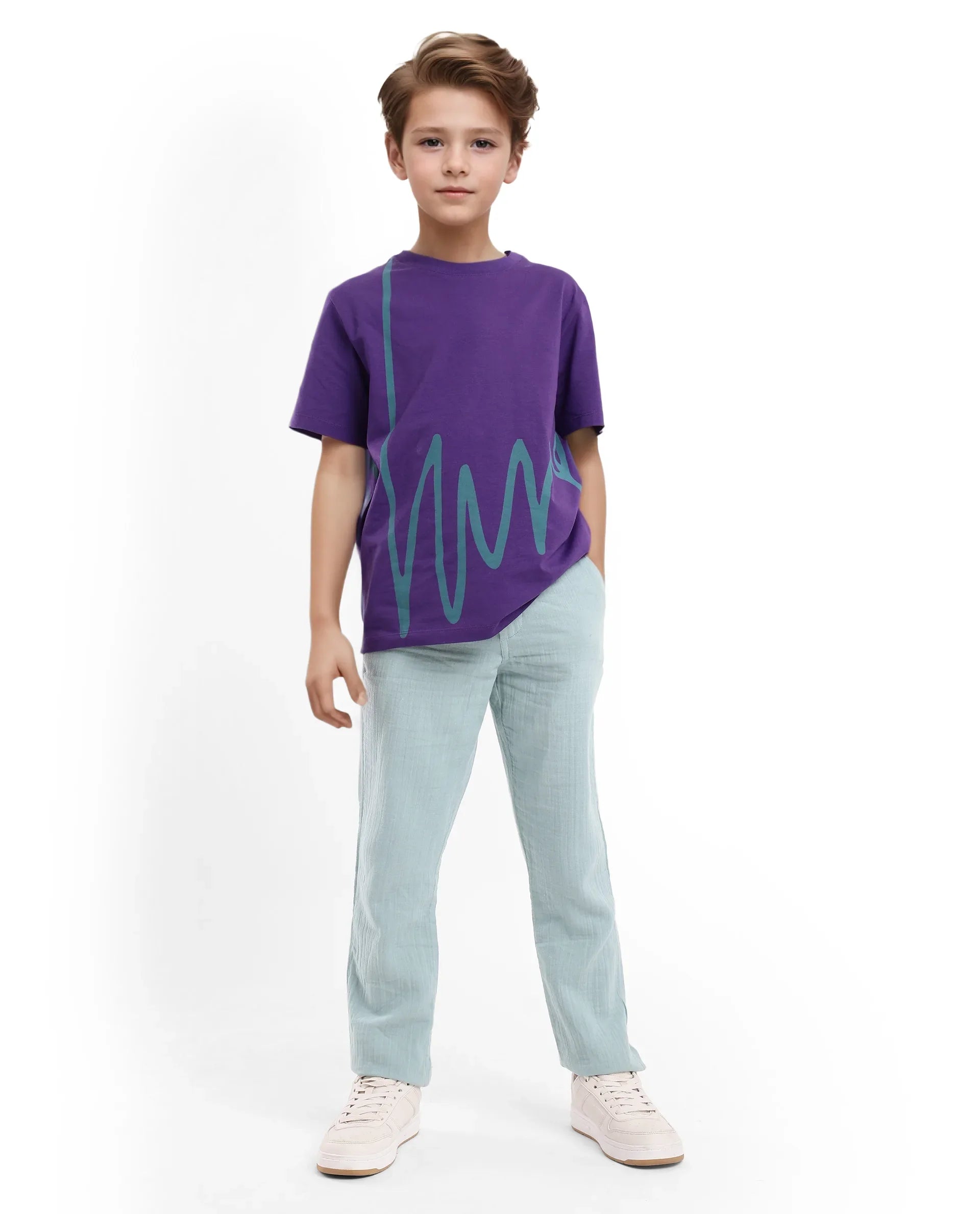 Rare Ones Kids Ezon Dark Purple Cotton Blend Fabric Half Sleeves Crew Neck Graphic Signature Print T-Shirt