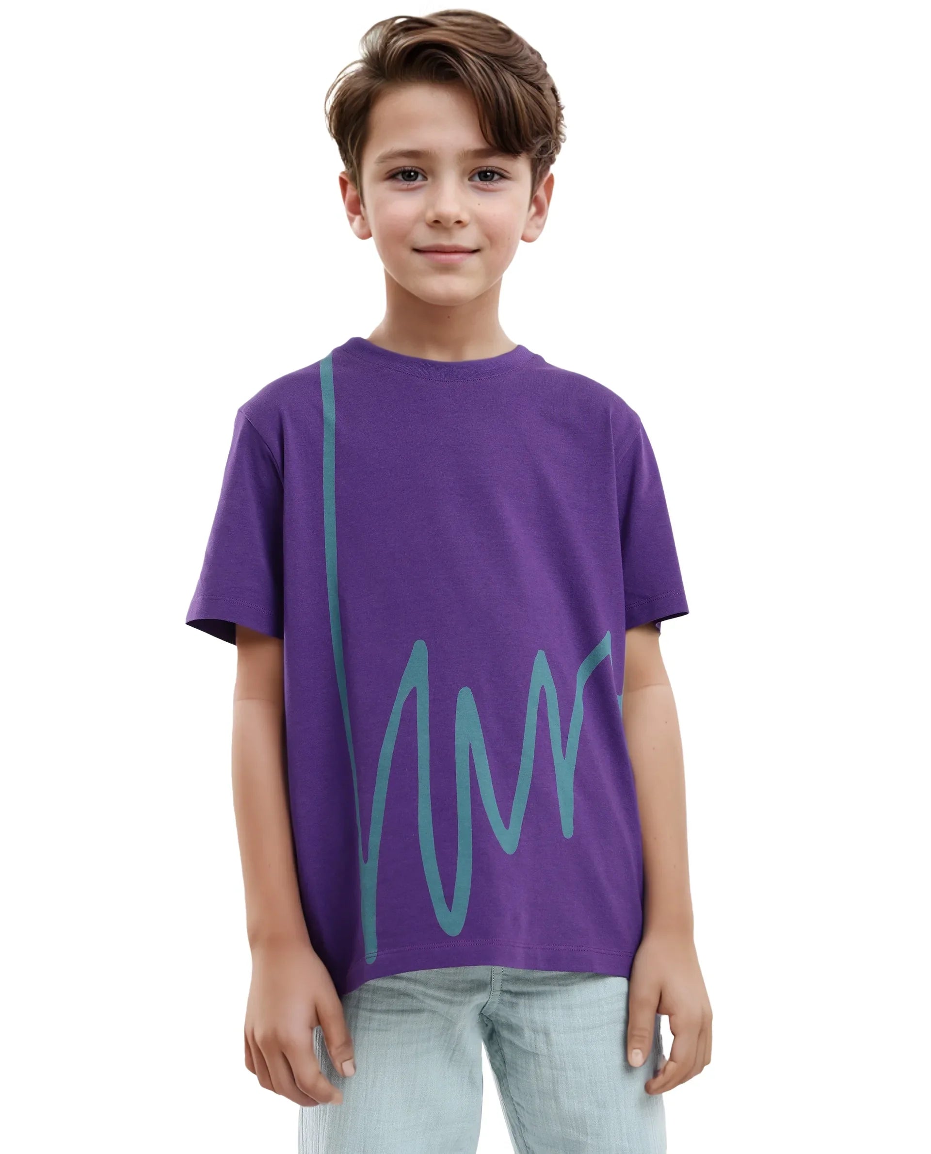 Rare Ones Kids Ezon Dark Purple Cotton Blend Fabric Half Sleeves Crew Neck Graphic Signature Print T-Shirt