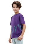 Rare Ones Kids Ezon Dark Purple Cotton Blend Fabric Half Sleeves Crew Neck Graphic Signature Print T-Shirt