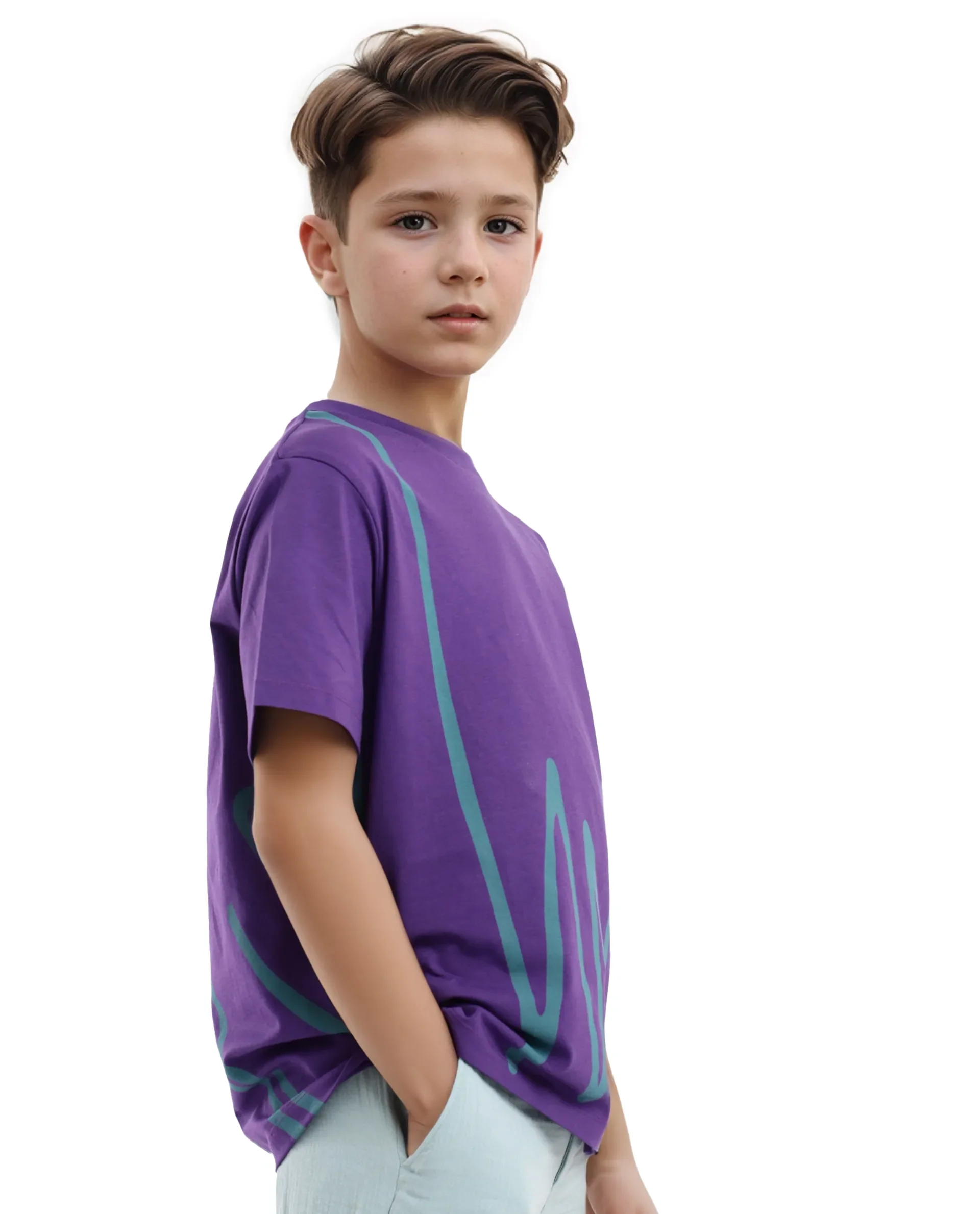 Rare Ones Kids Ezon Dark Purple Cotton Blend Fabric Half Sleeves Crew Neck Graphic Signature Print T-Shirt