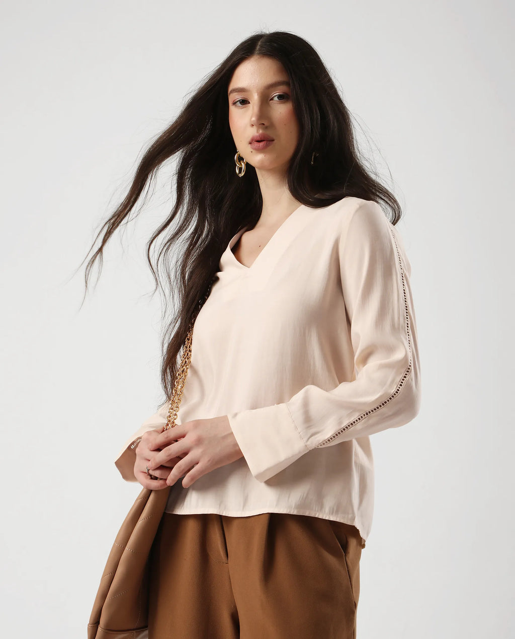 Rareism Women's Elani Beige Viscose Blend V-Neck Regular Fit Plain Top