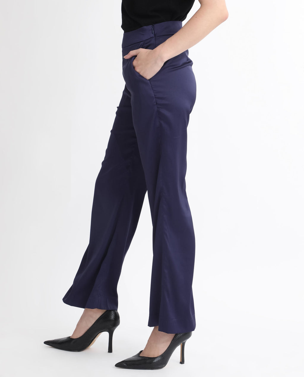 Rareism Women's Falket Dark Blue Polyester Plain Ankle Length Relaxed Fit Trouser