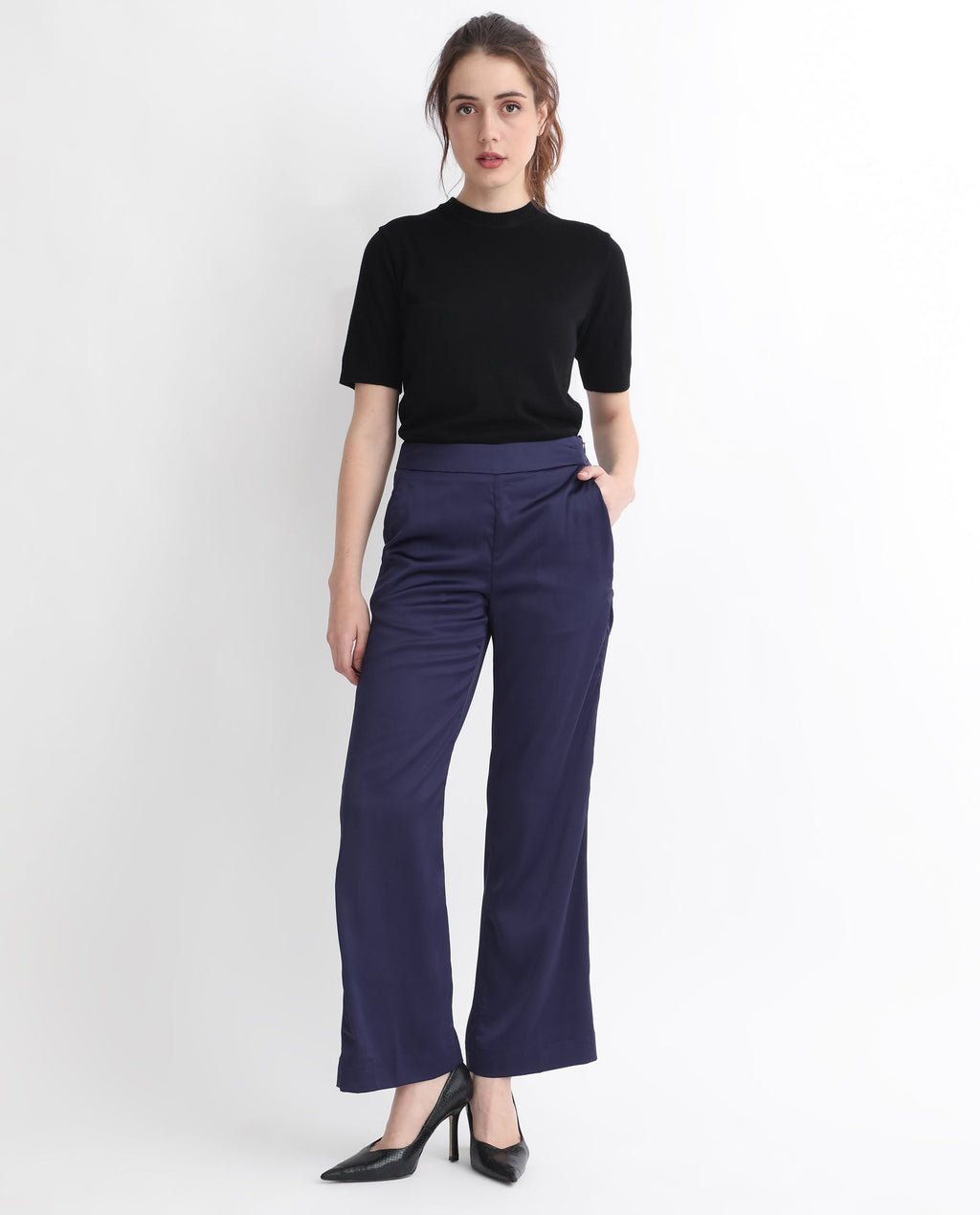 Rareism Women's Falket Dark Blue Polyester Plain Ankle Length Relaxed Fit Trouser