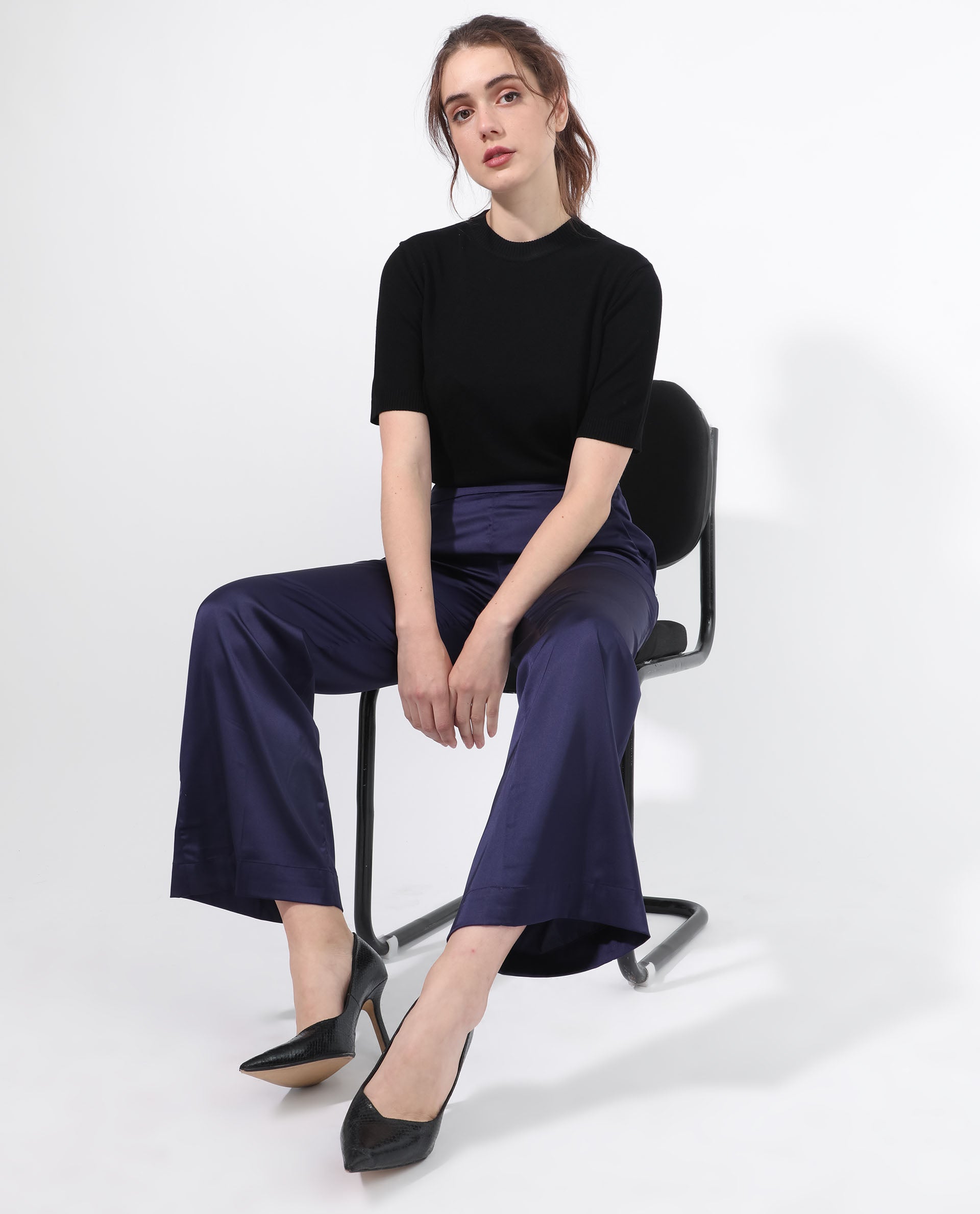 Rareism Women's Falket Dark Blue Polyester Plain Ankle Length Relaxed Fit Trouser
