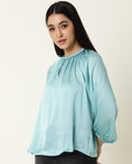 Rareism Women's Fall Blue Key Hole Neck Plain Knee Length Regular Fit Top