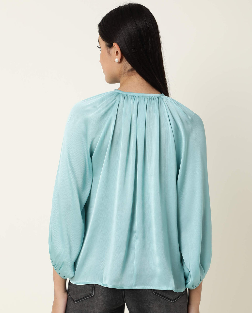 Rareism Women's Fall Blue Key Hole Neck Plain Knee Length Regular Fit Top