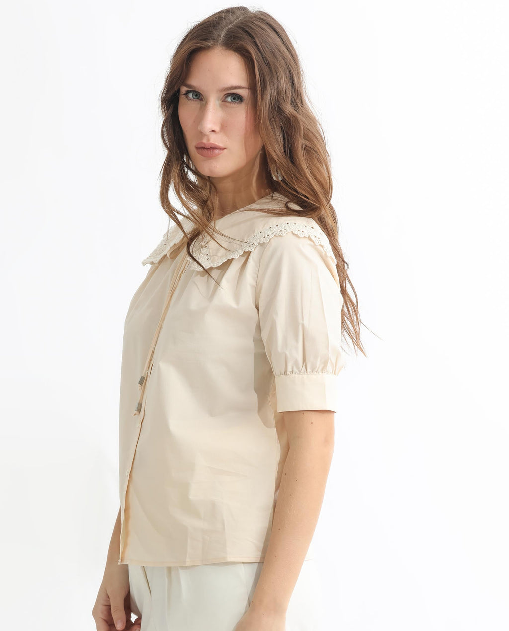 Rareism Women's Farse Beige Polyester Spread Collar Plain Puff Sleeves Regular Fit Top