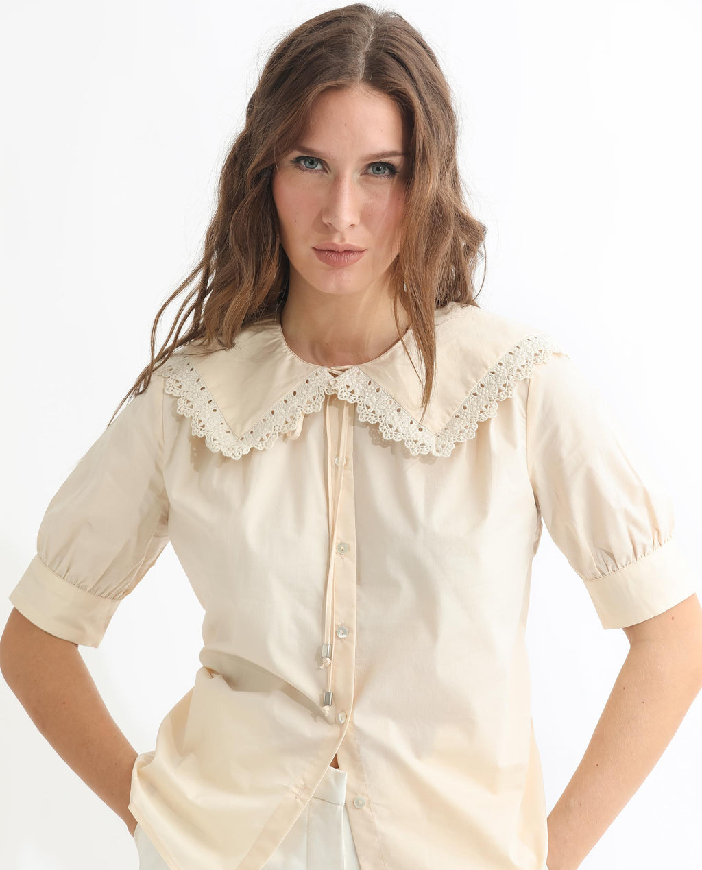 Rareism Women's Farse Beige Polyester Spread Collar Plain Puff Sleeves Regular Fit Top