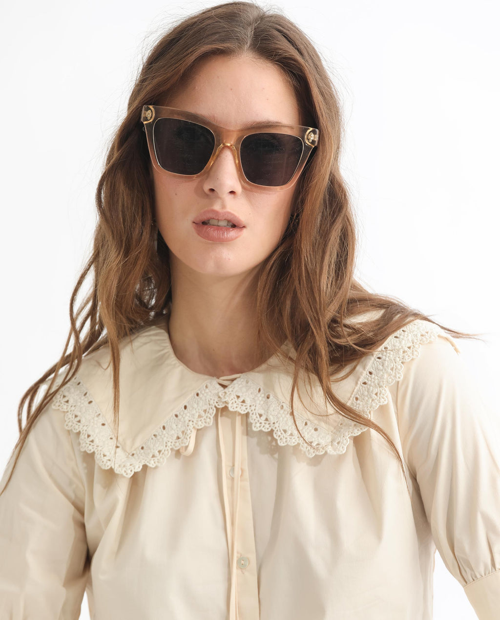 Rareism Women's Farse Beige Polyester Spread Collar Plain Puff Sleeves Regular Fit Top