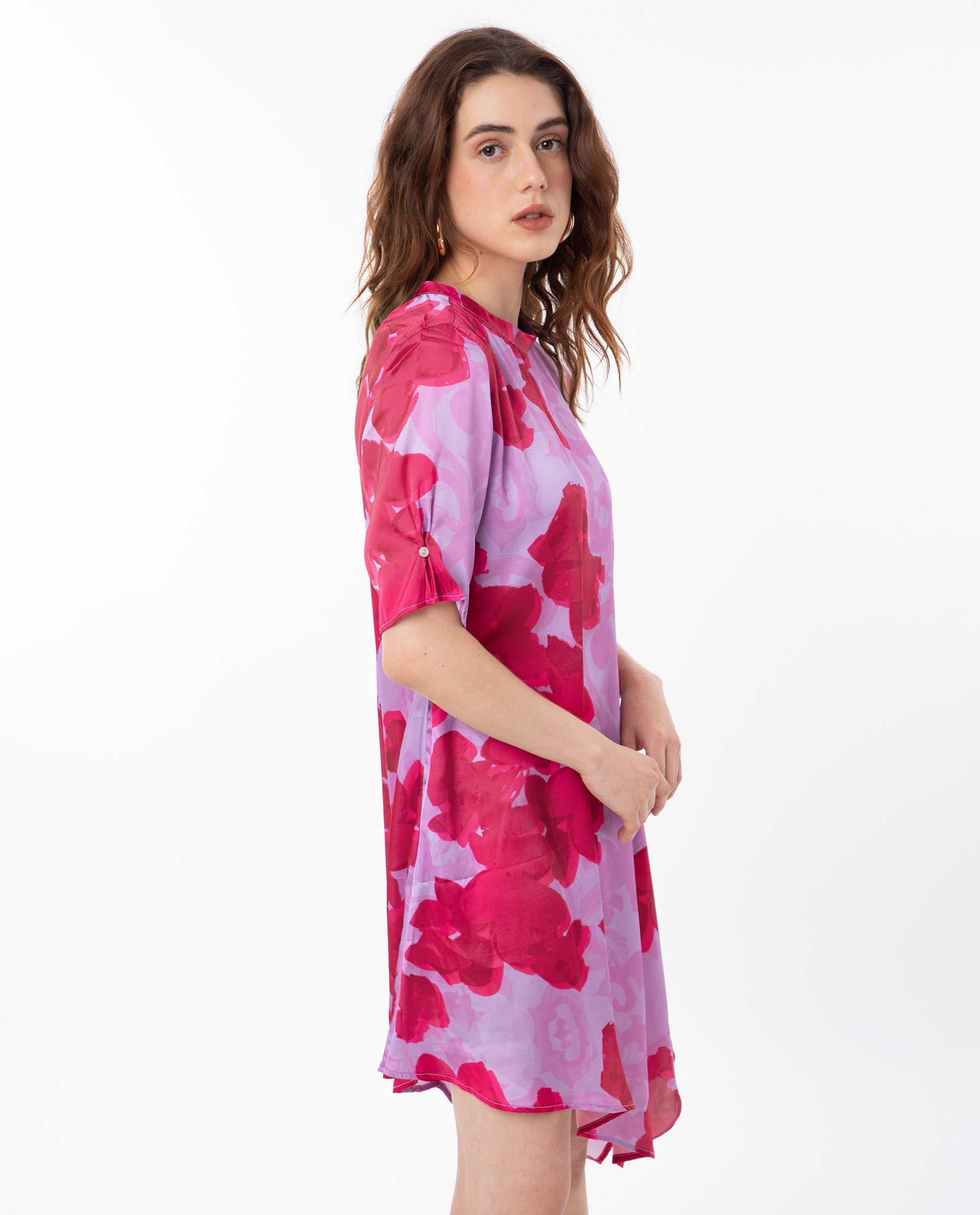 Rareism Women's Fasan Light Purple Polyester High Neck Floral Print Knee Length Relaxed Fit Dress