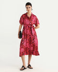 Rareism Women's Felik Red Polyester Lapel Neck Floral Print Extended Sleeves Midi Fit And Flare Dress