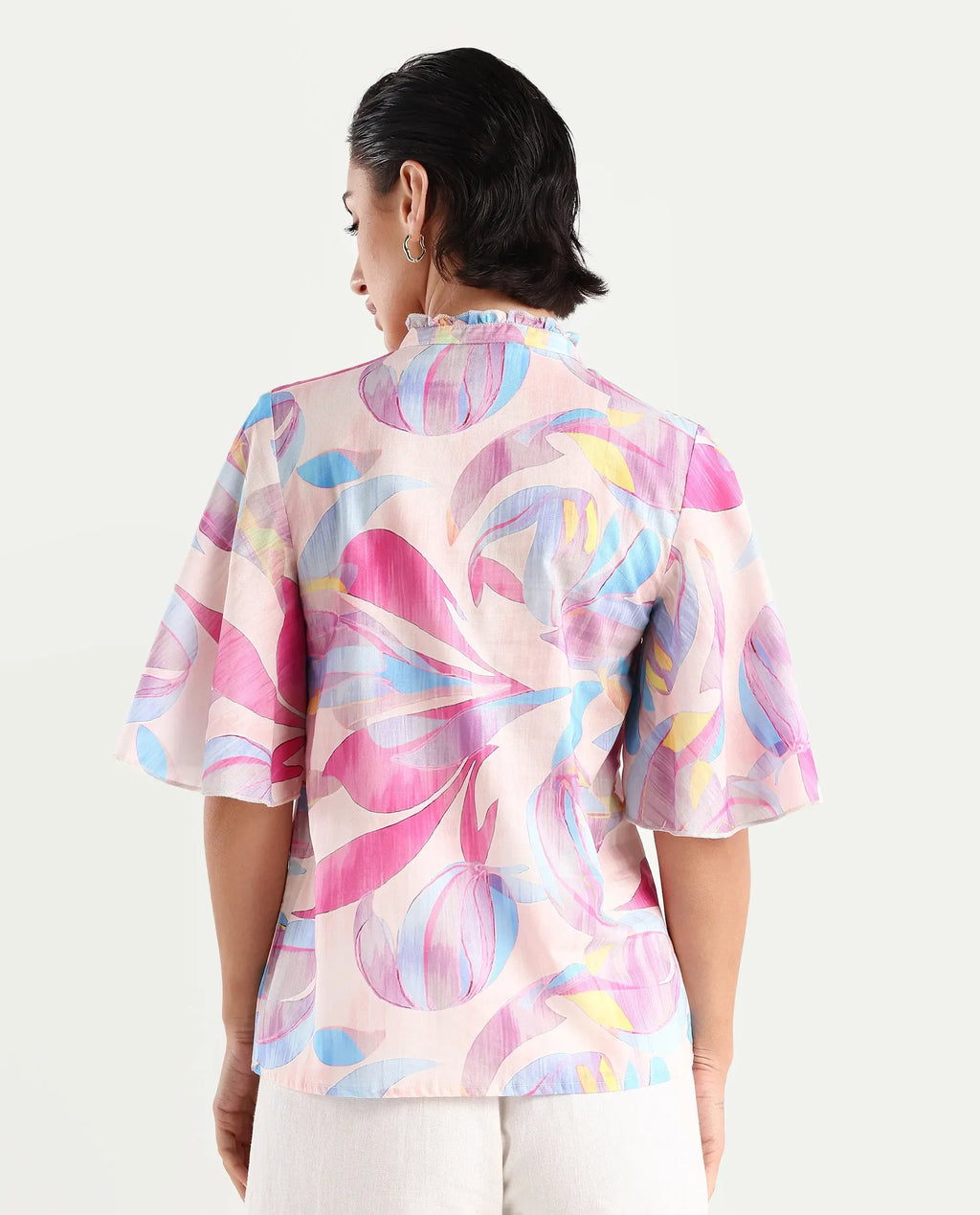 Rareism Women's Feli Pink Cotton Sweetheart Neck Abstract Print Ruffled Sleeve Regular Fit Top