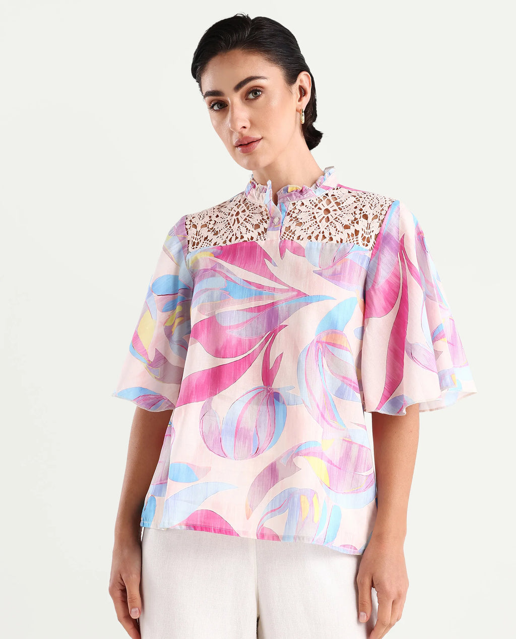 Rareism Women's Feli Pink Cotton Sweetheart Neck Abstract Print Ruffled Sleeve Regular Fit Top
