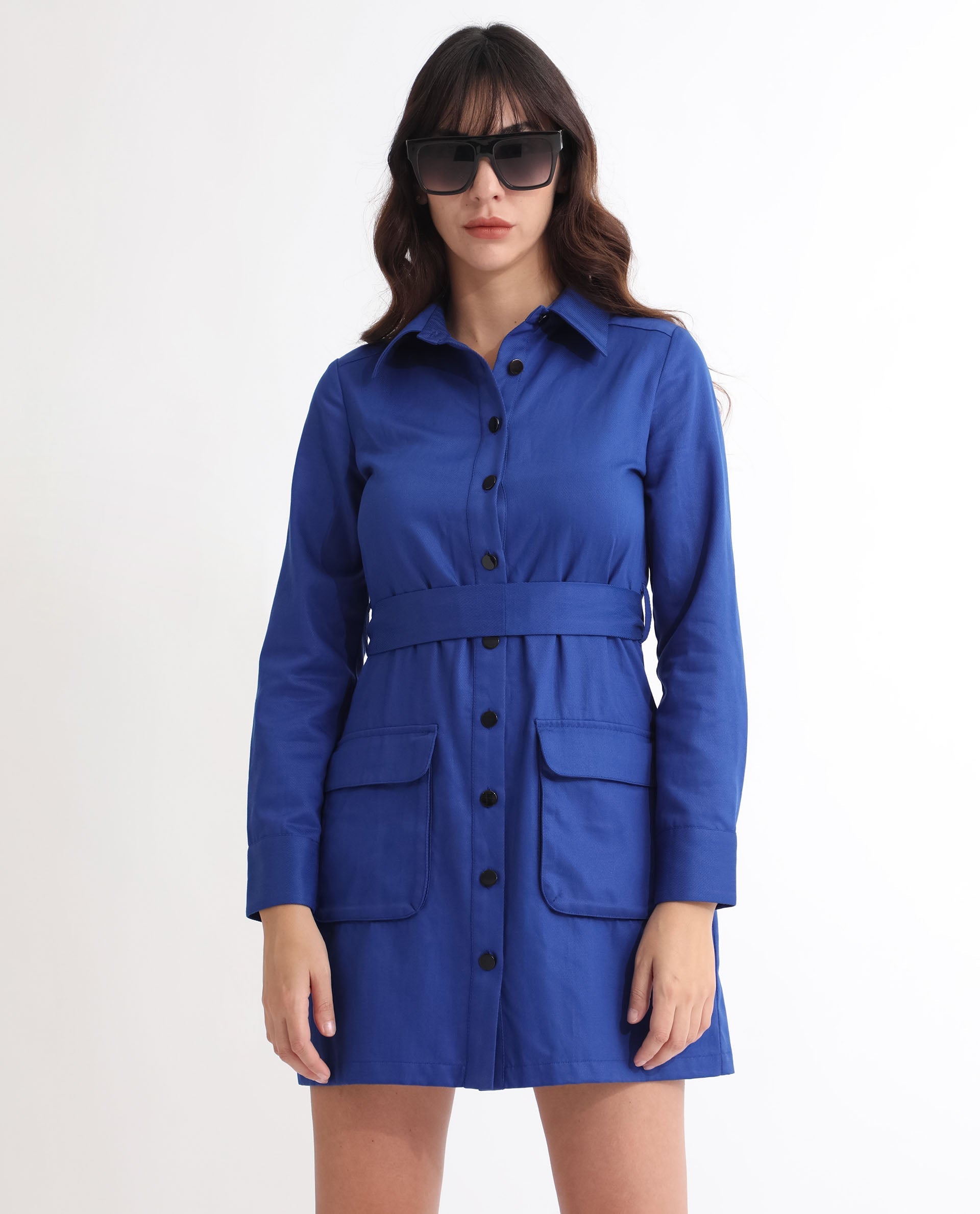 Rareism Women's Fenko Flouroscent Blue Cotton Spread Collar Plain Mini Relaxed Fit Dress
