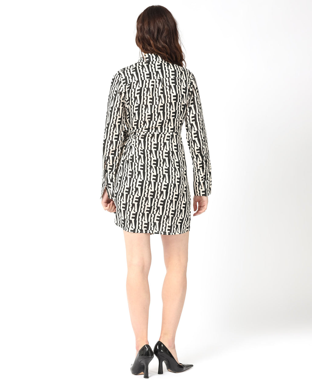 Rareism Women's Sent Off White Cotton Spread Collar Geometric Print Mini Regular Fit Dress