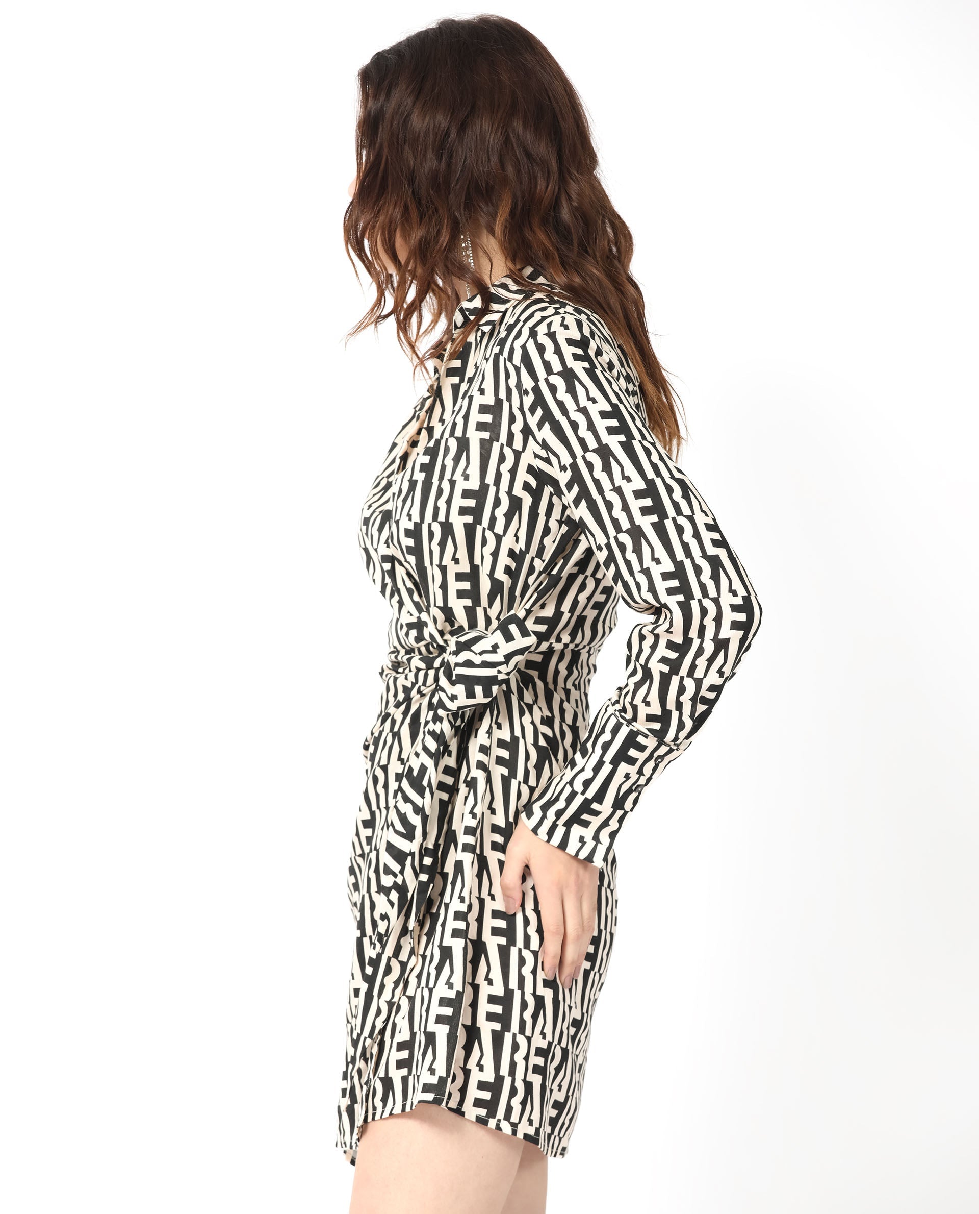 Rareism Women's Sent Off White Cotton Spread Collar Geometric Print Mini Regular Fit Dress