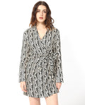 Rareism Women's Sent Off White Cotton Spread Collar Geometric Print Mini Regular Fit Dress