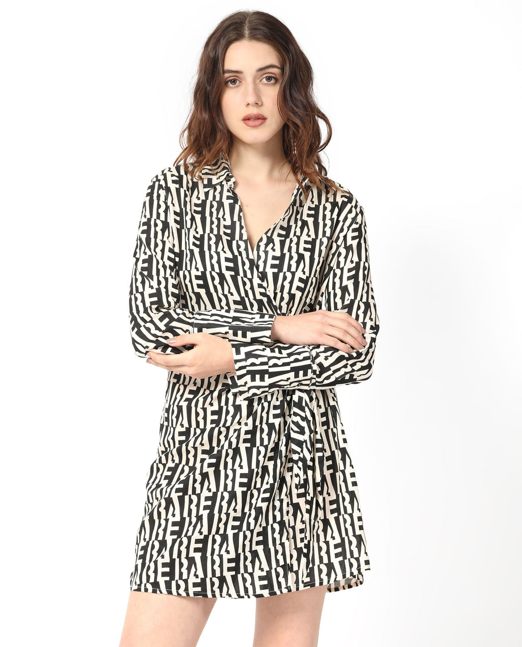 Rareism Women's Sent Off White Cotton Spread Collar Geometric Print Mini Regular Fit Dress