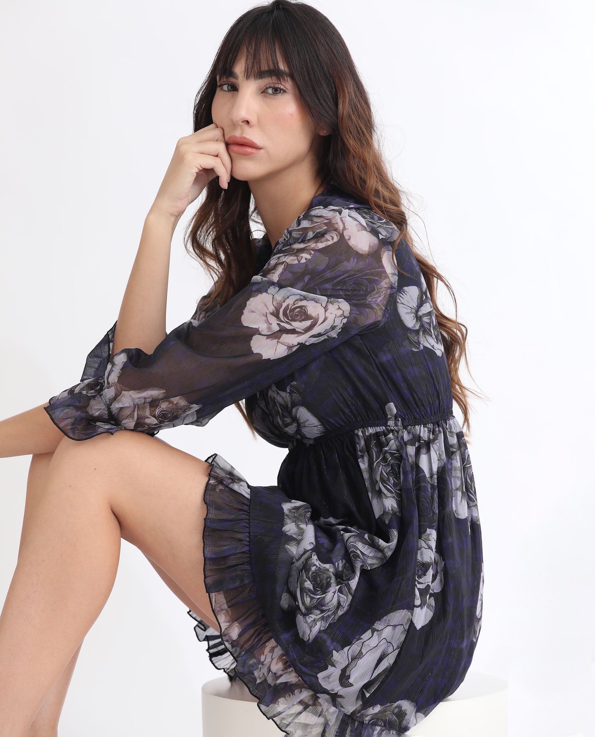 Rareism Women's Fente Dark Purple Polyester V-Neck Floral Print Balloon Sleeve Mini Relaxed Fit Dress
