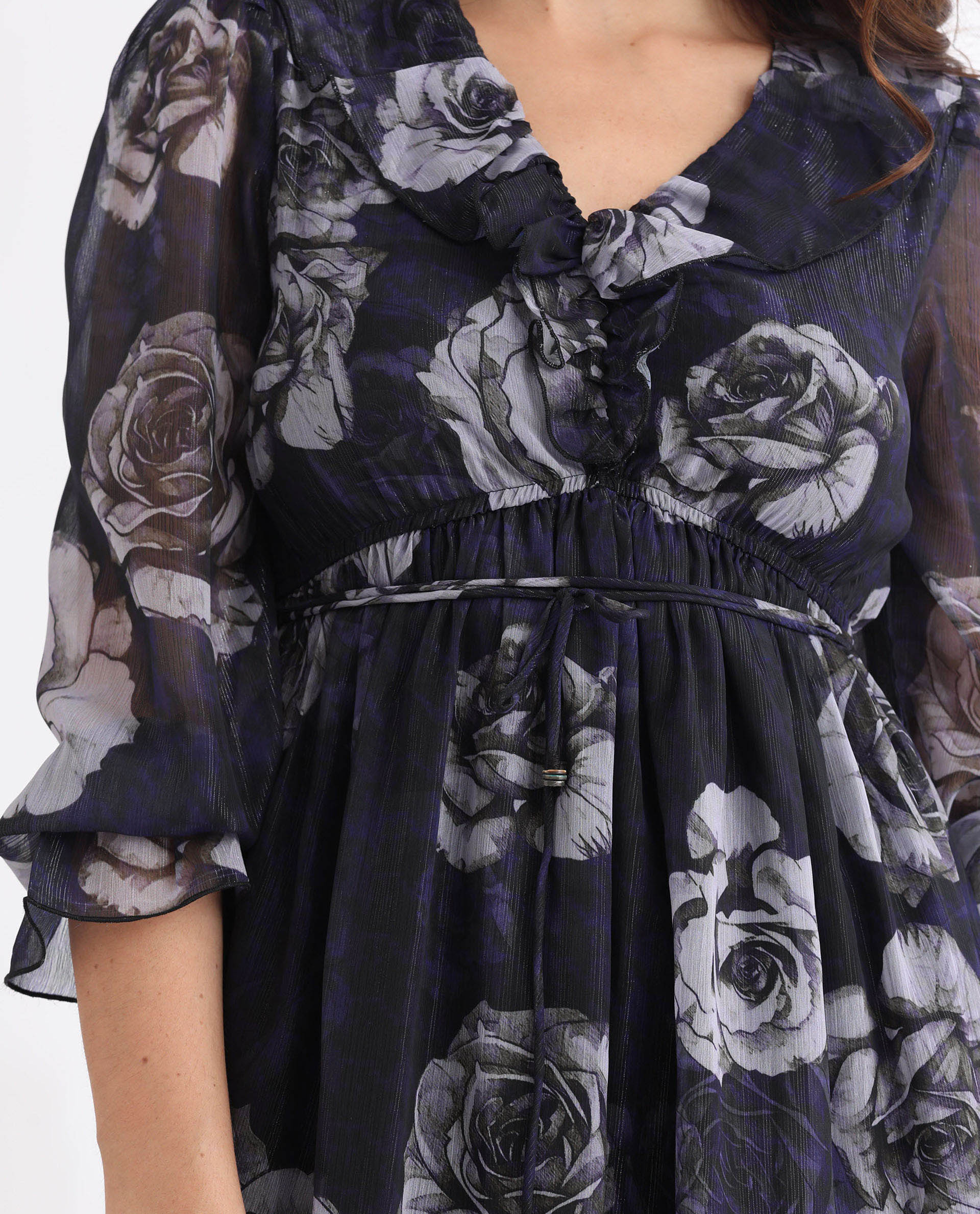 Rareism Women's Fente Dark Purple Polyester V-Neck Floral Print Balloon Sleeve Mini Relaxed Fit Dress